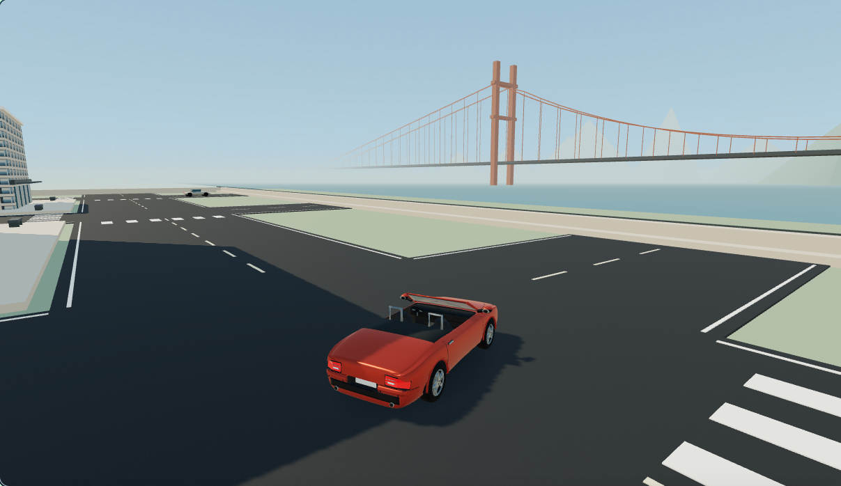 Roadster vermelho nas ruas da Cidade Livre, com prédios, árvores e a orla ao fundo